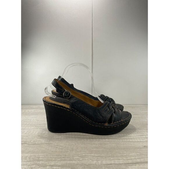 Born BOC Black Leather Wedge Heel Sandal Shoes Womens Size 10 - Picture 4 of 8